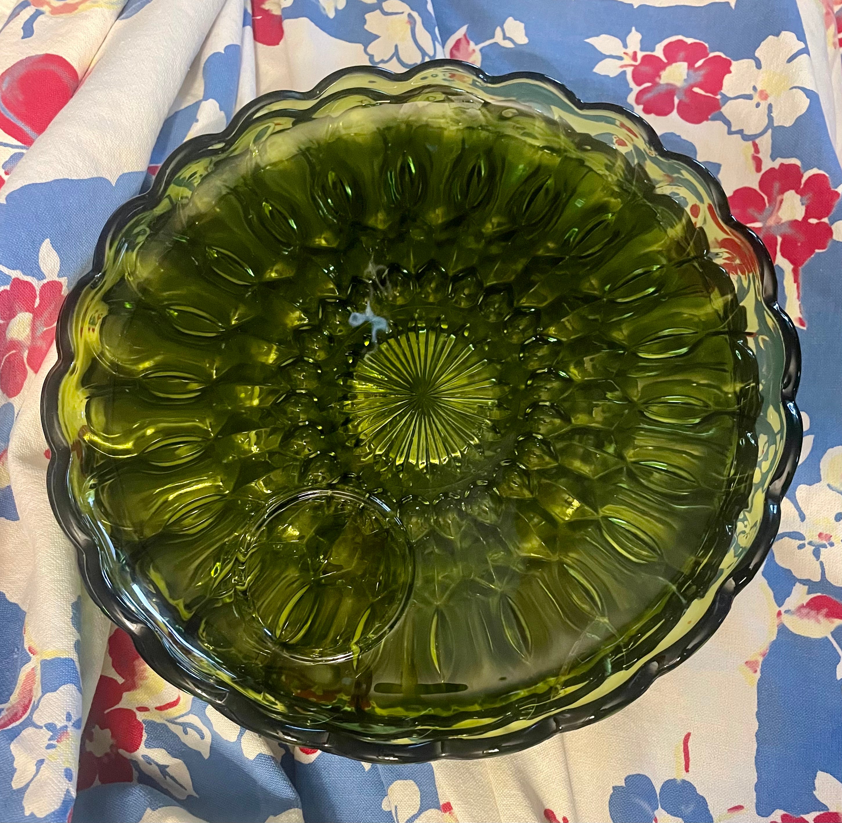 Olive Green Snack Plates Vintage Mid Century Pressed Glass